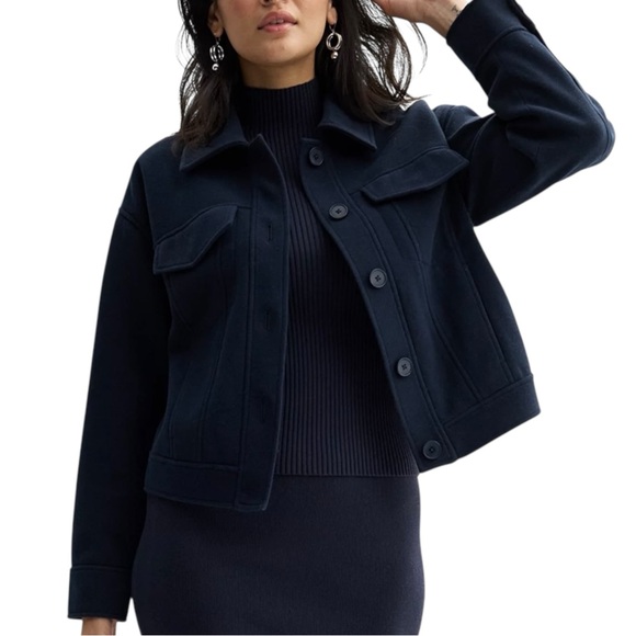 NWT Nine West Oversized Crop Jacket Women's Size XS Navy Button Front Minimalist - Picture 1 of 16